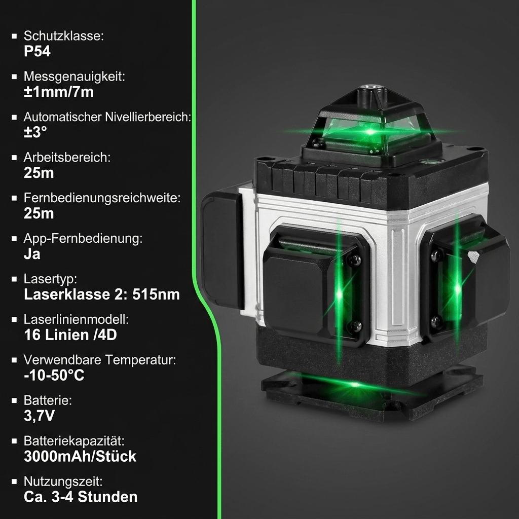 T2 Professional™ 4D Kreuzlinien - Laser – 16 Linien, 360° Grünlaser mit APP - Steuerung - Luminis